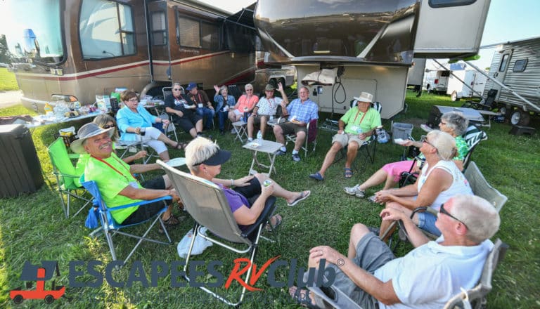 Escapees members gather for happy hour at the fairgrounds camping