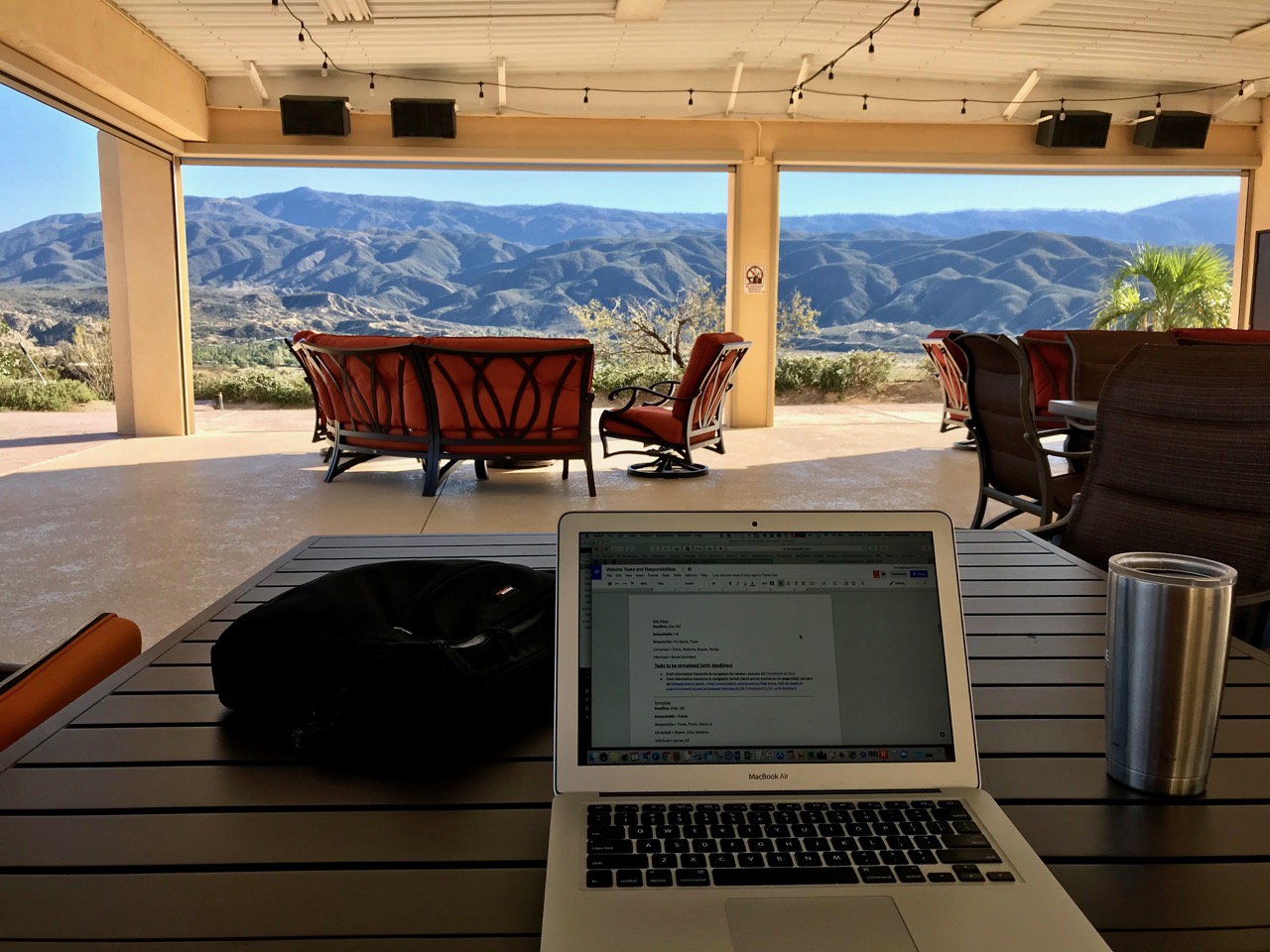 Working on the deck overlooking the mountains at Jojoba Hills SKP Co-Op, Aguanga, CA (DG photo)