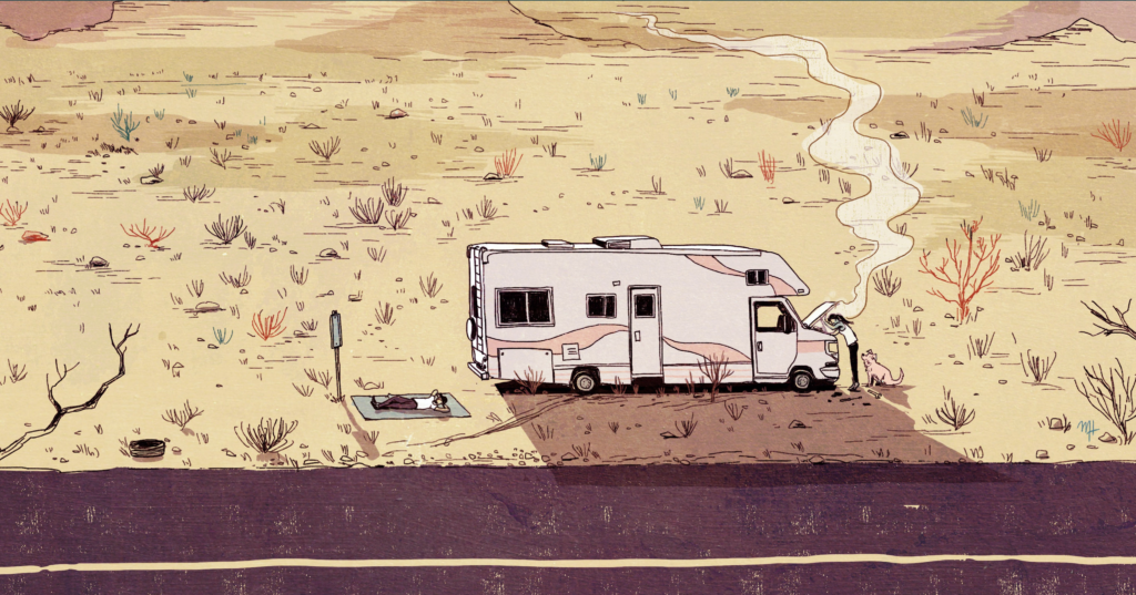 RV in the desert with person laying on ground napping nearby