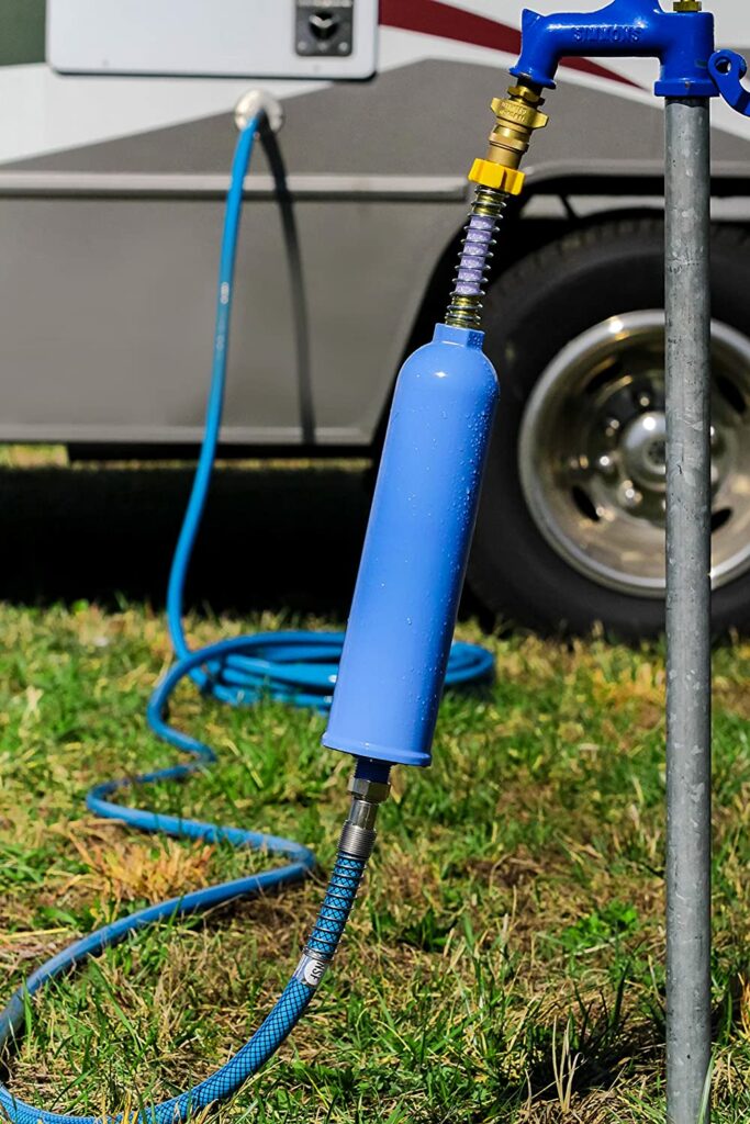 one camco inline RV water filter attached to potable water hose
