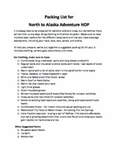 North to Alaska HOP Packing List 3