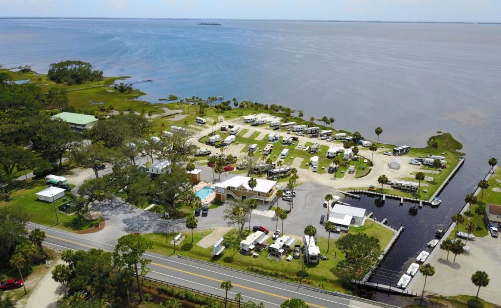 Overhead view of RVs parked at Presnells RV Resort on the Gulf coast