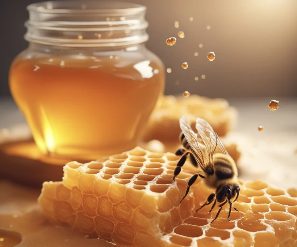 Honey Jar filled with honey, honeycomb and a bee
