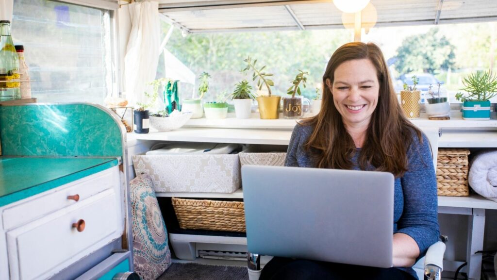 Woman working from home in RV